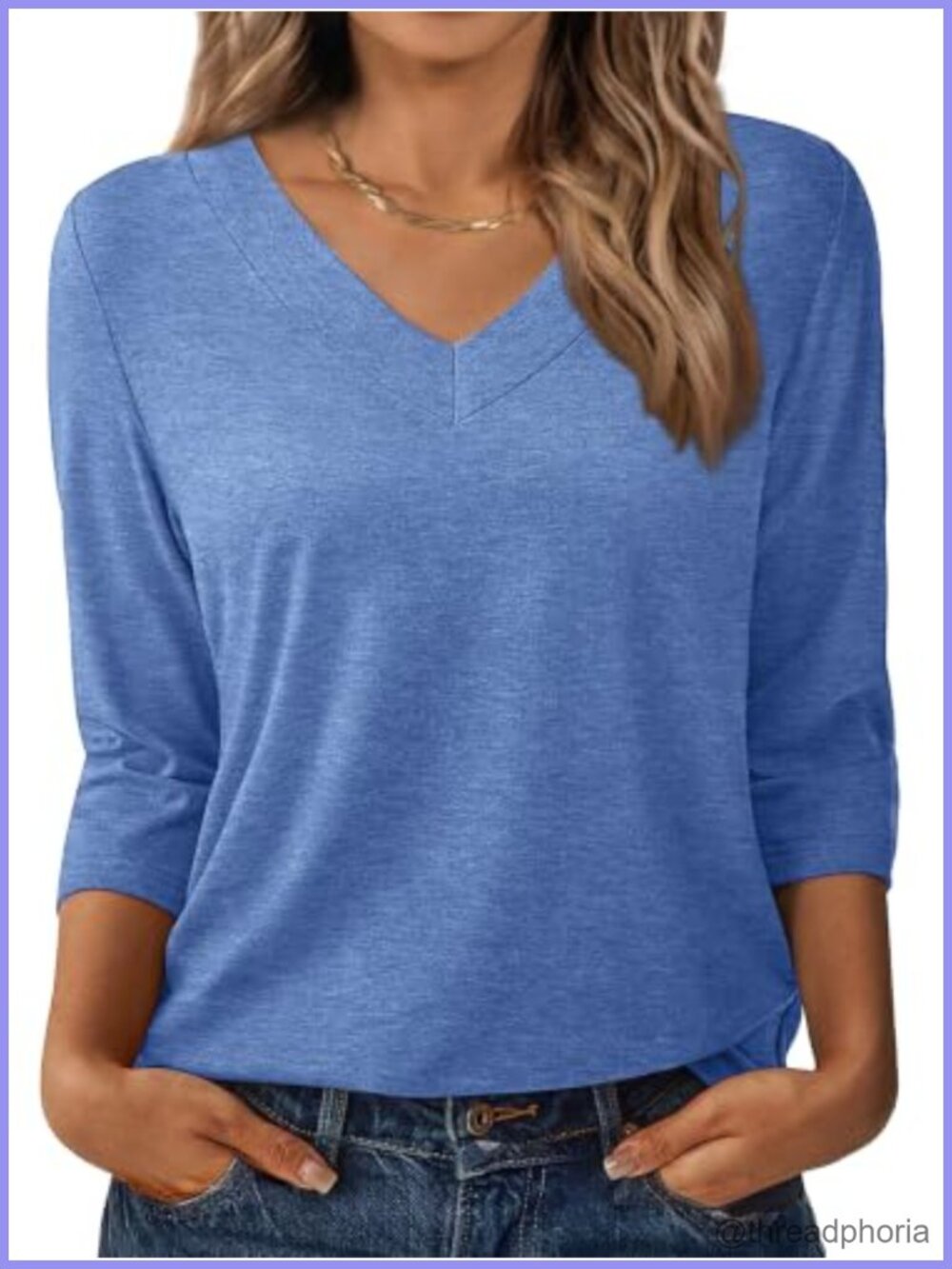 Womens 3/4 Sleeve V Neck Tunic Tee Loose Fit Casual Top